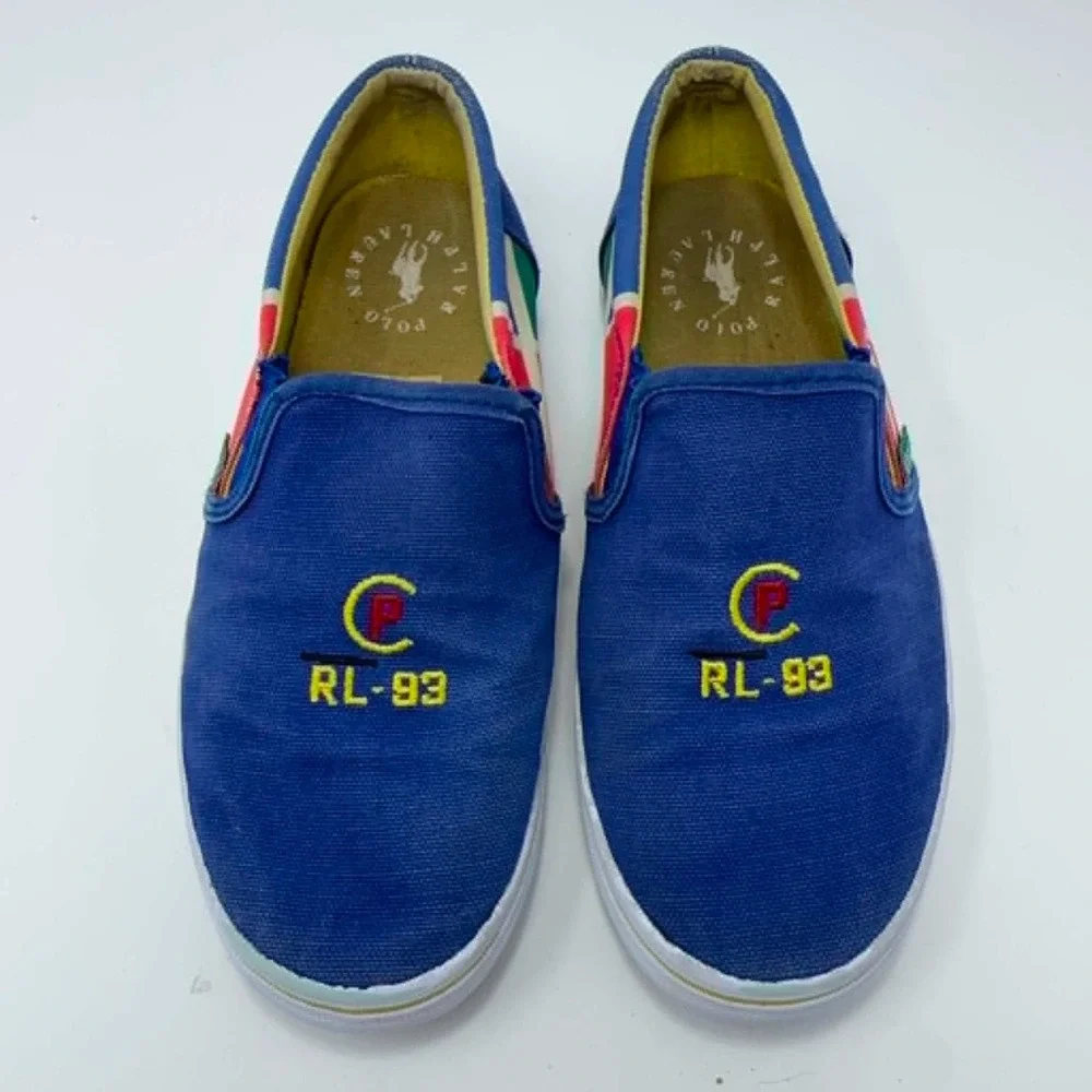 Polo Ralph Lauren RL-93 Canvas Slip On Shoes Blue Nautical Flag Youth Boys 1.5‎